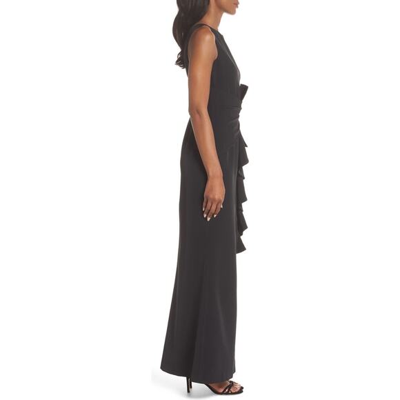 Eliza J Ruffle Front Gown Women's 4 Black Sleeveless Maxi Slit Bateau Neck NWOT - Picture 9 of 11